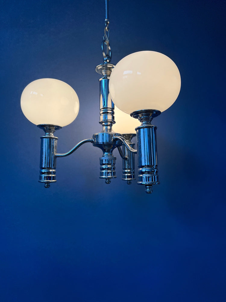 Mid Century White Opaline Glass Chandelier with Chrome Frame