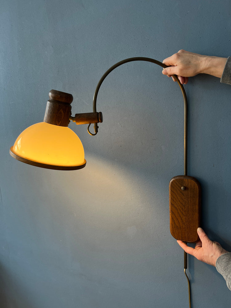 Flexible Steinhauer Mushroom Arc Wall Lamp with Wooden Frame and Plexiglass Shade