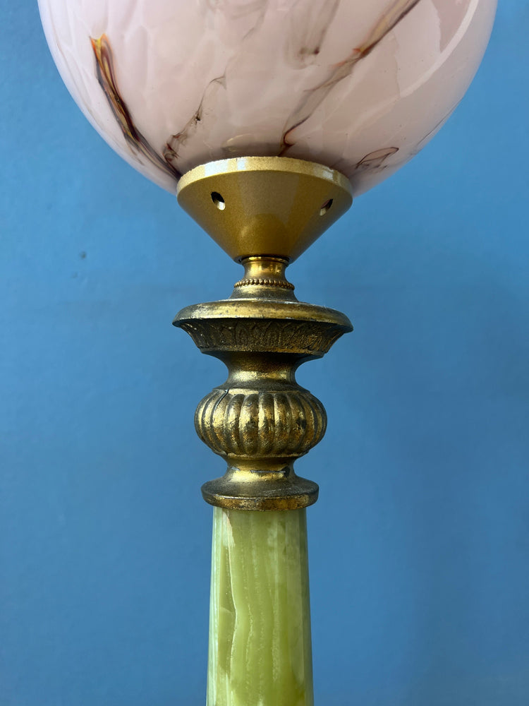 Art Deco Table Lamp - Pink Glass Desk Light - Green Marble Base - Decorative Gold