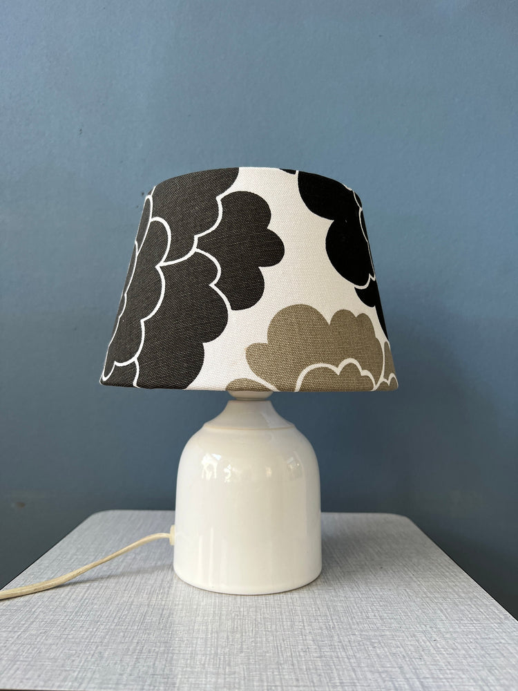 Small Space Age Table Lamp with Porcelain Base and Black and White Flower Shade