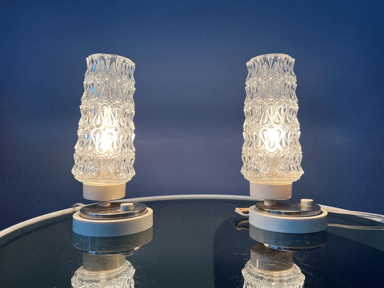 Set (2) of Mid Century Clear Crystal Glass Bedside Table Lamps