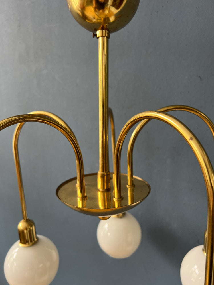 Mid Century Gold Brass Opaline Glass Chandelier