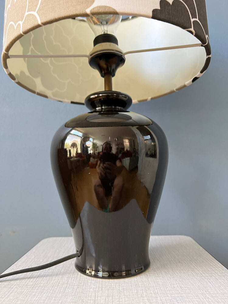 Small Space Age Table Lamp with Porcelain Base and Black and White Flower Shade