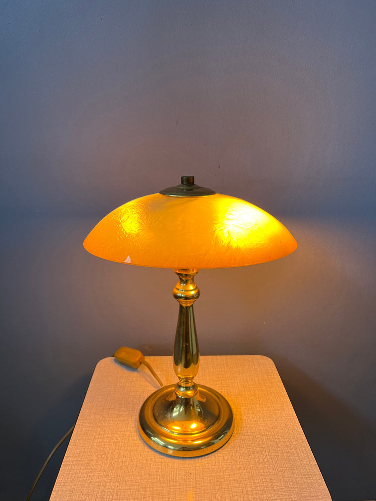 Art Deco Style Table Lamp with Glass Shade and Metal, Golden Base