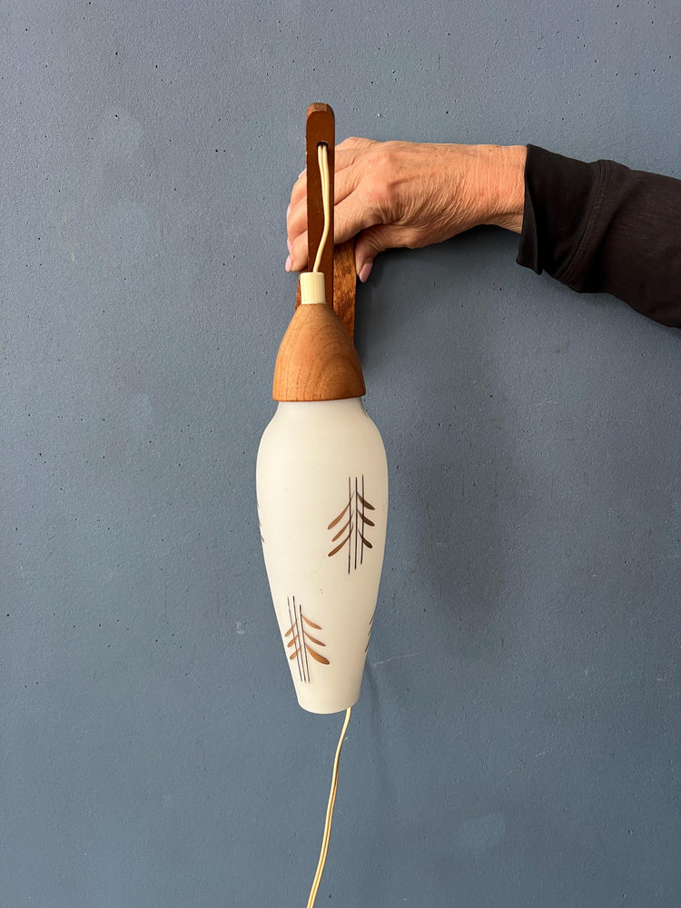 Mid Century Opaline Glass Teak Wood Rod Wall Lamp