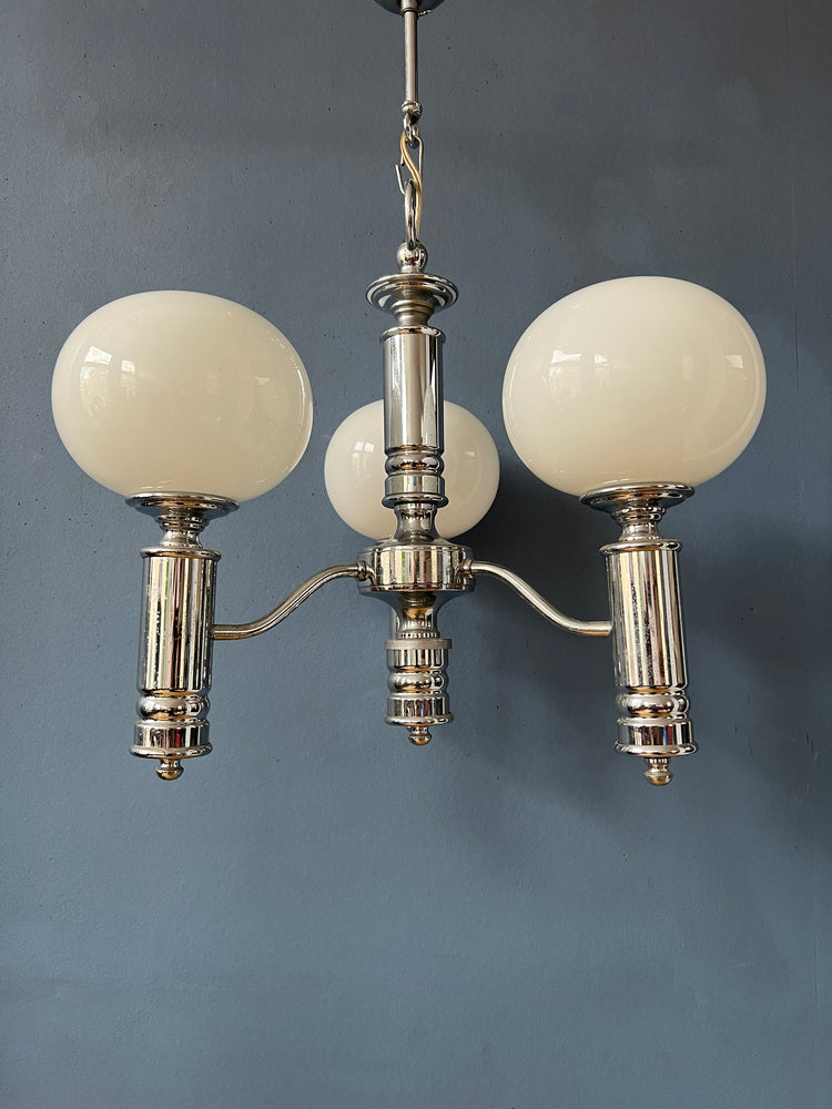 Mid Century White Opaline Glass Chandelier with Chrome Frame