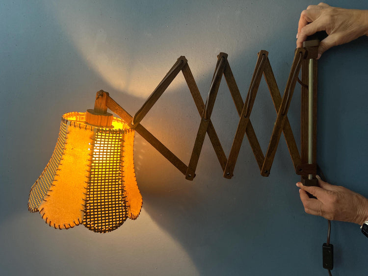 Vintage Teak Wood Scissor Wall Lamp with Traditional Fabric Shade