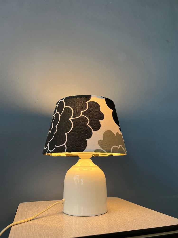 Small Space Age Table Lamp with Porcelain Base and Black and White Flower Shade