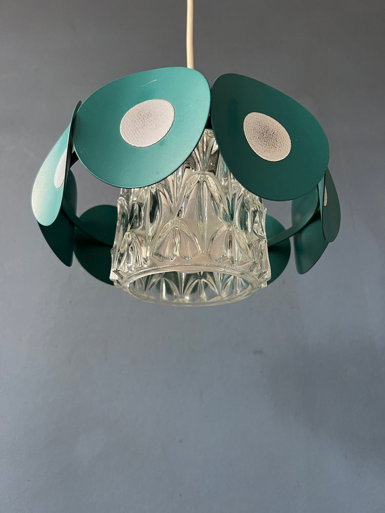 Space Age Pendant Lamp with Glass Shade and Green/Blue Metal Frame