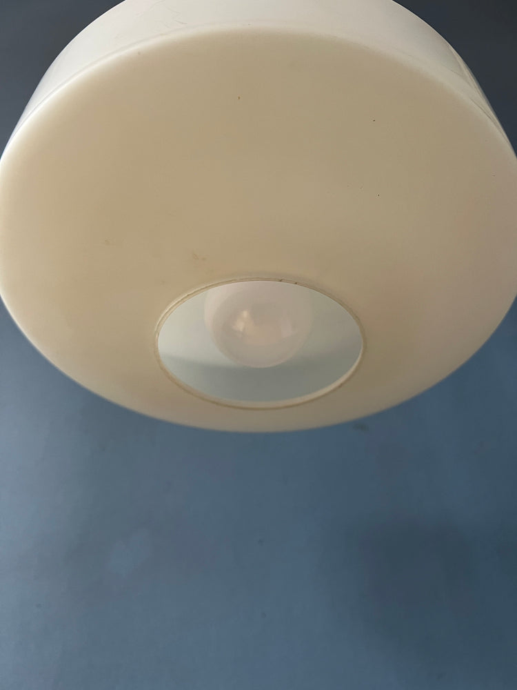 Mid Century Milk Glass Pendant Light by Louis Kalff for Philips with Teak Wood Top Cap