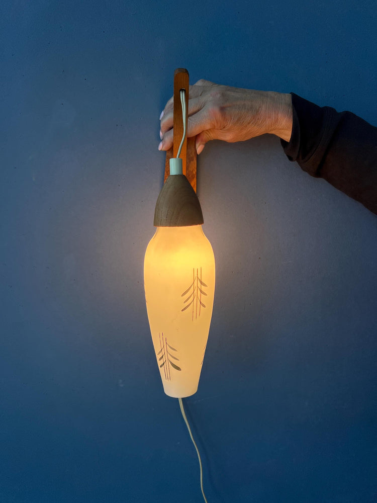 Mid Century Opaline Glass Teak Wood Rod Wall Lamp