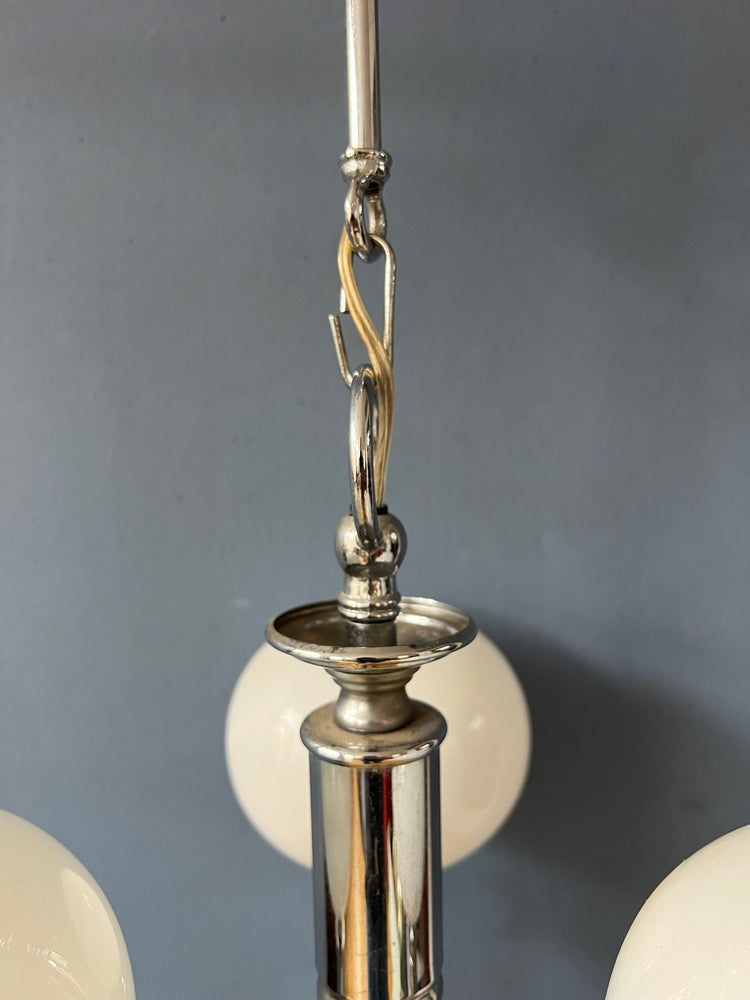 Mid Century White Opaline Glass Chandelier with Chrome Frame