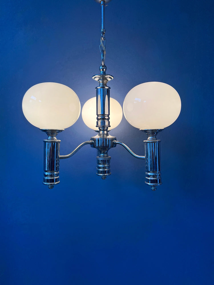Mid Century White Opaline Glass Chandelier with Chrome Frame