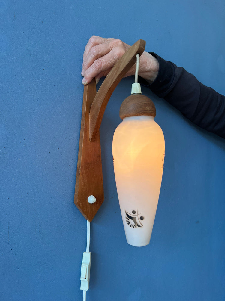 Teak Wood Wall Lamp - Danish Opaline Glass Wall Light - Mid Century Sconce