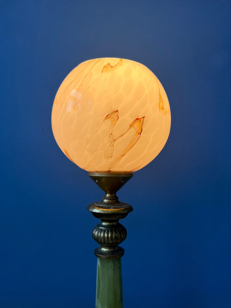 Art Deco Table Lamp - Pink Glass Desk Light - Green Marble Base - Decorative Gold