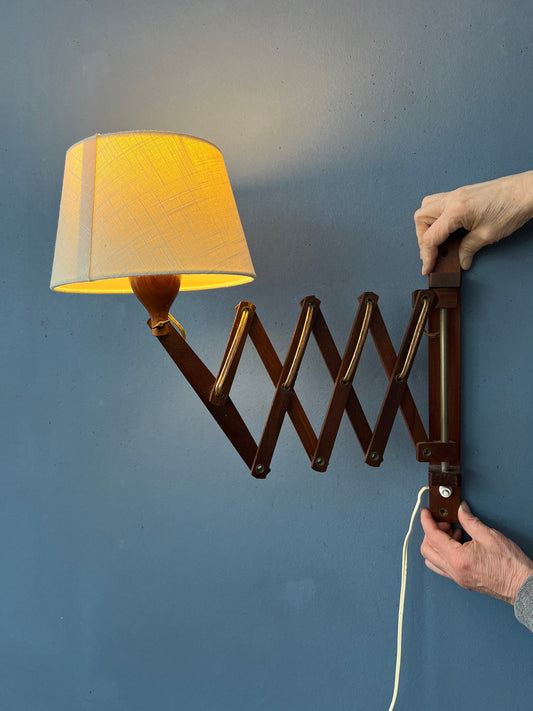 Teak Wood Scissor Wall Lamp with Beige Shade