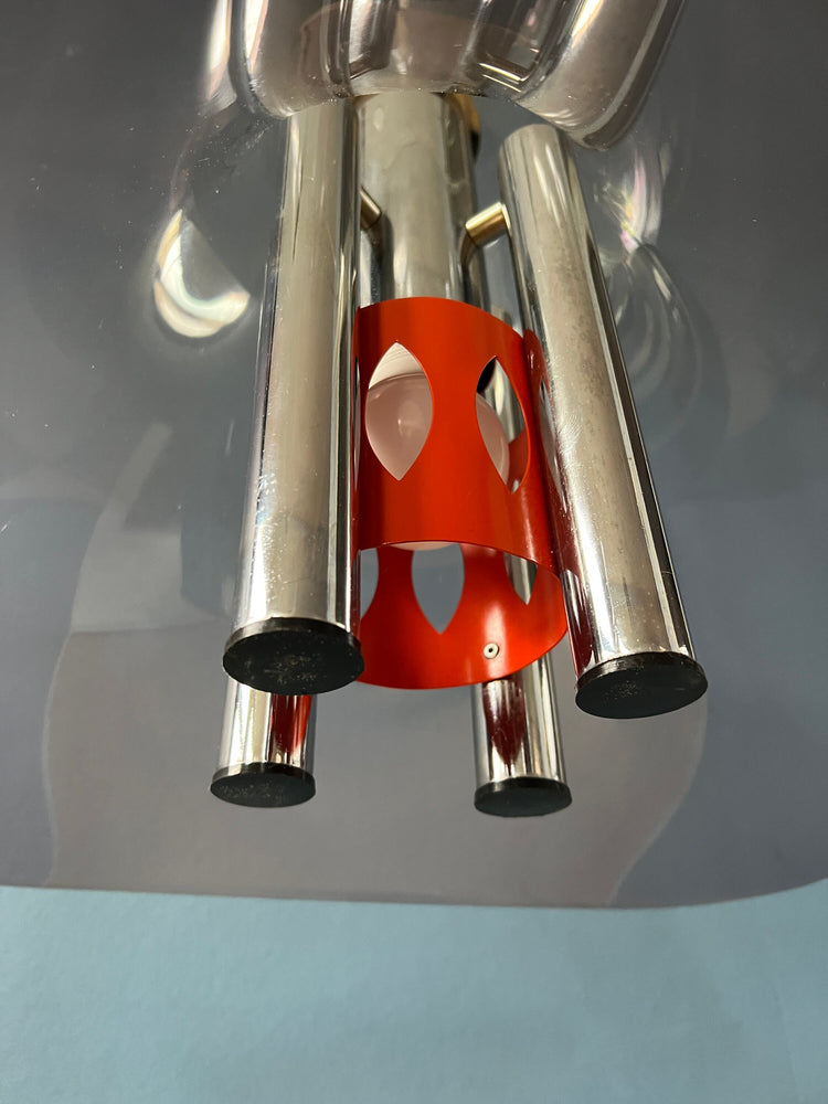 Rare Space Age Hat Pendant Lamp with Acrylic Glass Shade and Chrome Inner Frame