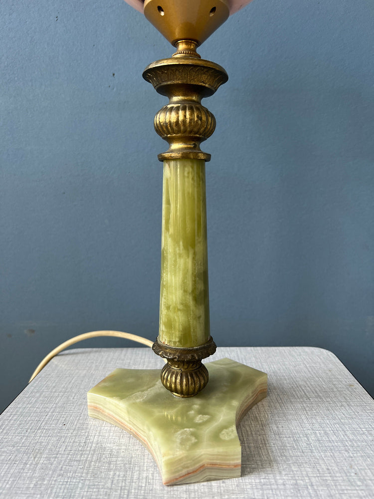 Art Deco Table Lamp - Pink Glass Desk Light - Green Marble Base - Decorative Gold
