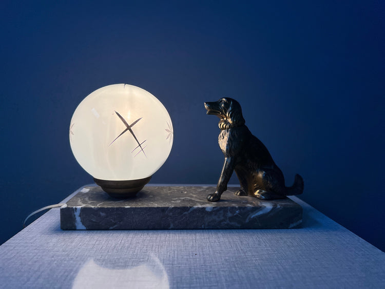 Art Deco Table Lamp with Opaline Glass Moon Shade and Dog Figure