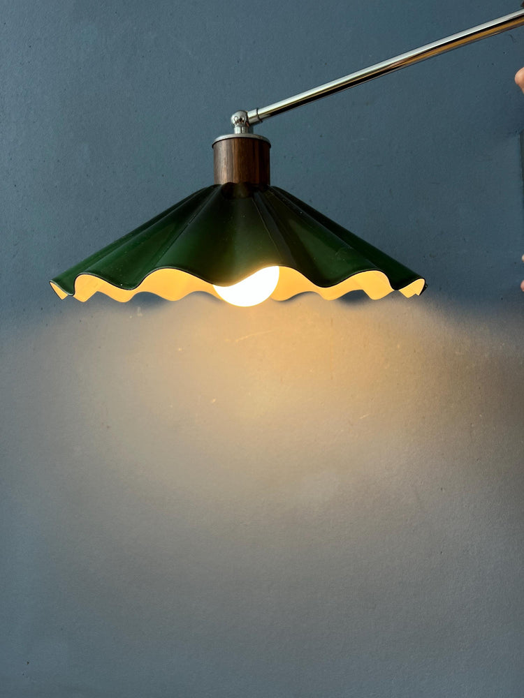 Mid Century Swing Arm Wall Lamp with Green Glass Shade