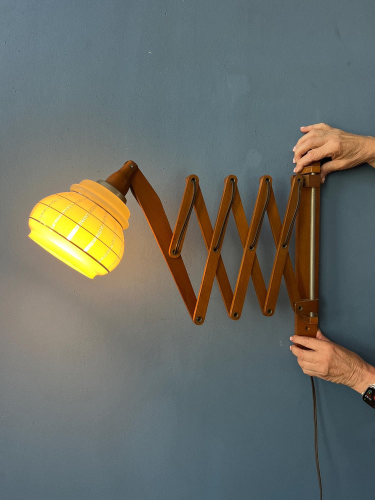 Teak Wood Scissor Wall Lamp with Glass Shade