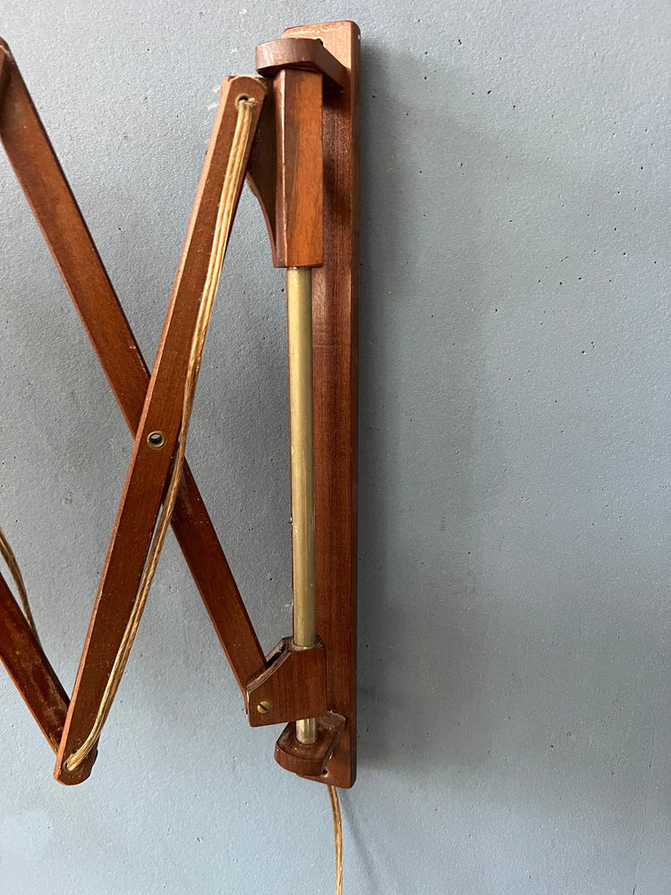 Danish Style Teak Wood Scissor Wall Lamp with Beige Shade and Black Decorative Pattern