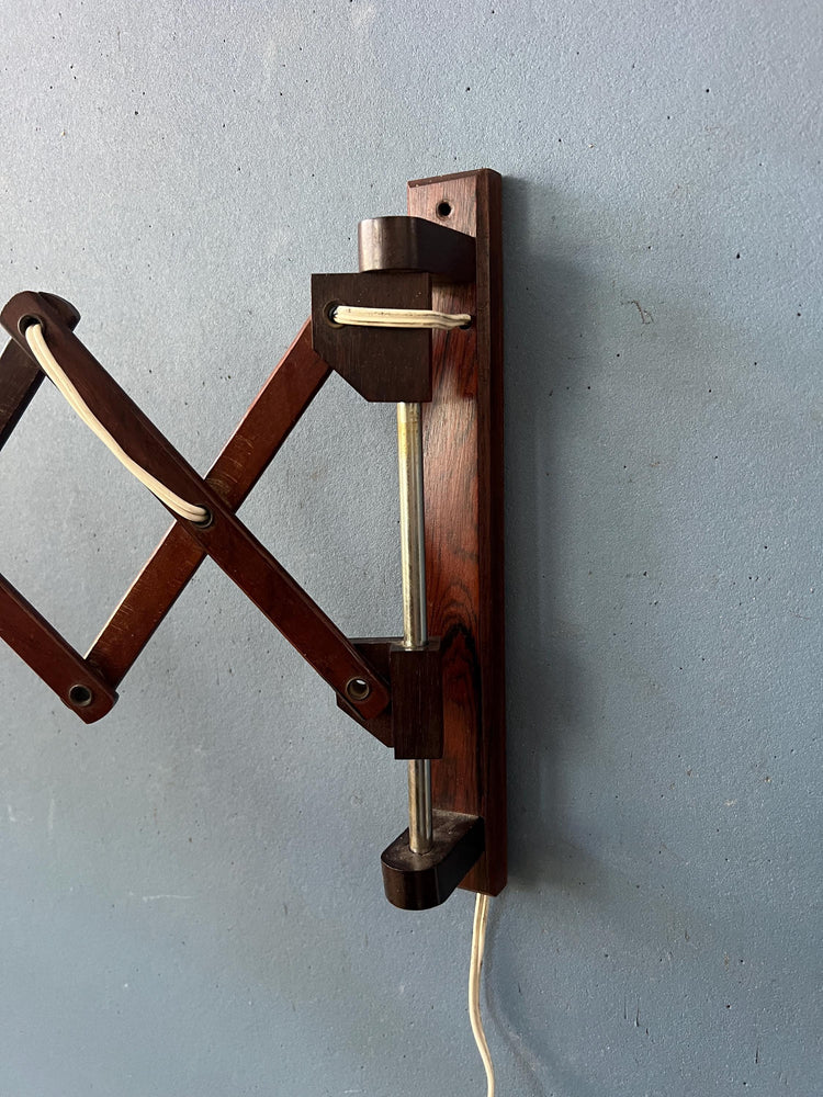 Vintage Glass Shade Teak Wood Scissor Wall Lamp