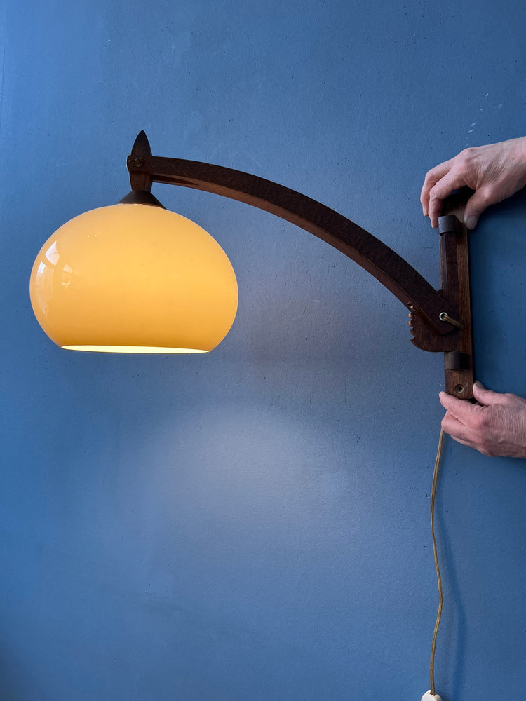 Mid Century Teak Wood Boomrang Wall Lamp with Mushroom Shade
