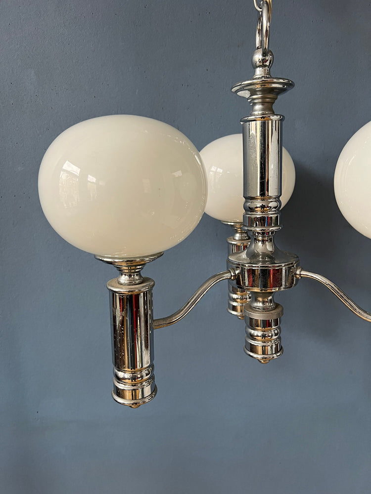 Mid Century White Opaline Glass Chandelier with Chrome Frame