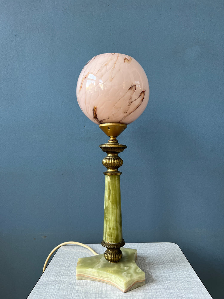 Art Deco Table Lamp - Pink Glass Desk Light - Green Marble Base - Decorative Gold