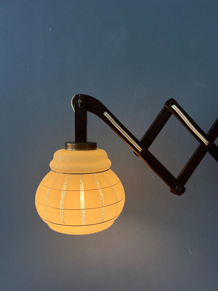 Vintage Glass Shade Teak Wood Scissor Wall Lamp