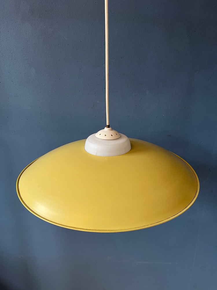 Mid Century Danish Pendant Lamp with Yellow Metal Cover and Opaline Glass Shade