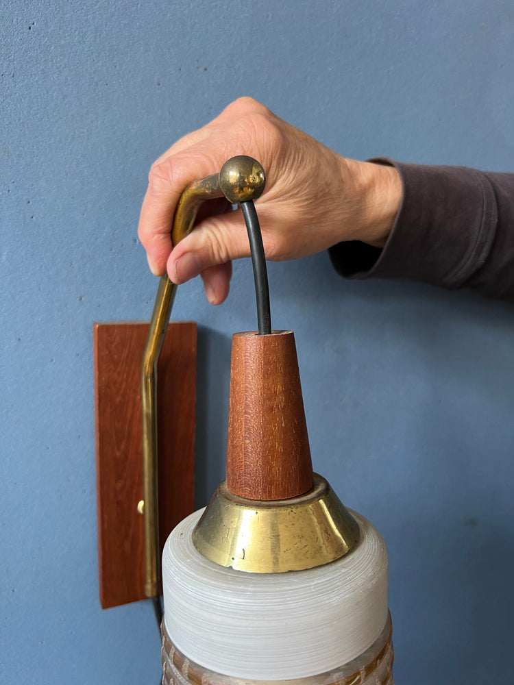 Mid Century Wall Lamp with Wooden Wall Plate and Glass Shade