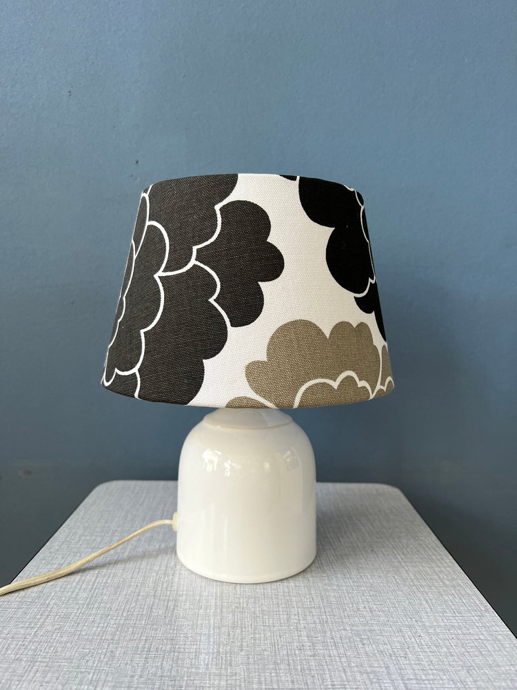 Small Space Age Table Lamp with Porcelain Base and Black and White Flower Shade