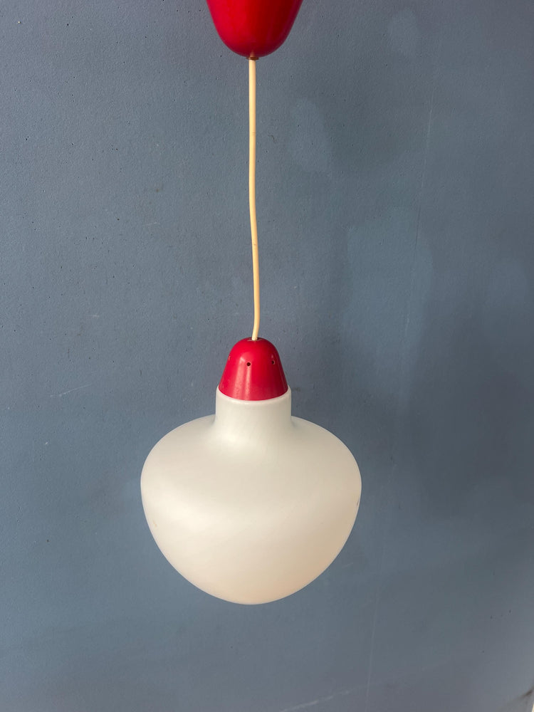 Mid Century Milk Glass Pendant Lamp with Red Top and Ceiling Cap