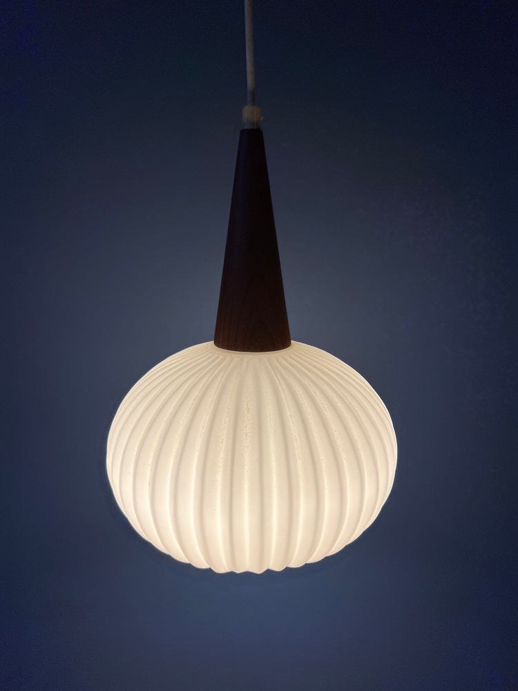 Vintage Milk Glass Pendant Light by Louis Kalff for Philips with Teak Wood Cap