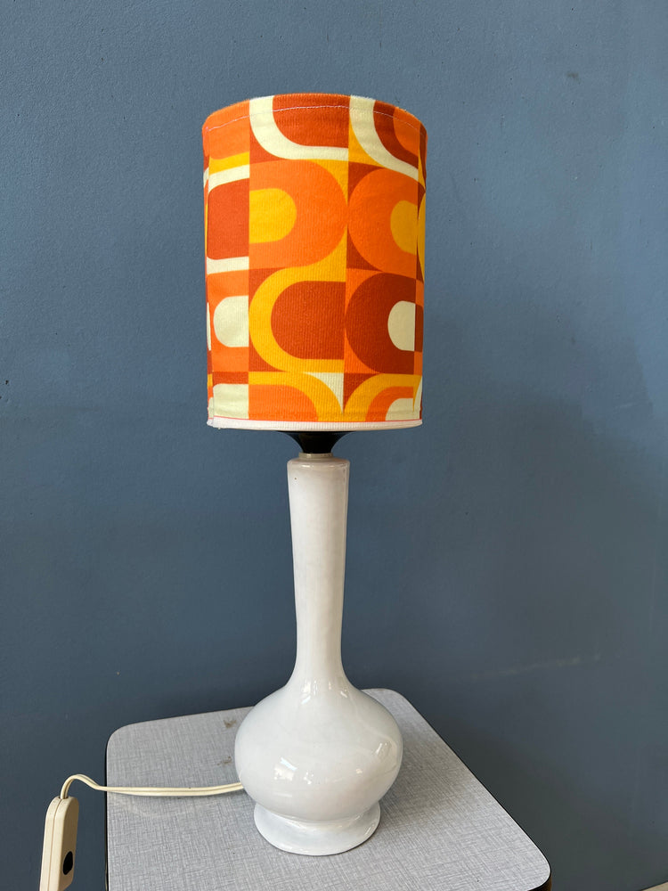 Vintage Space Age Desk Lamp with Textile Shade and Porcelain Base / Mid Century Table Lamp