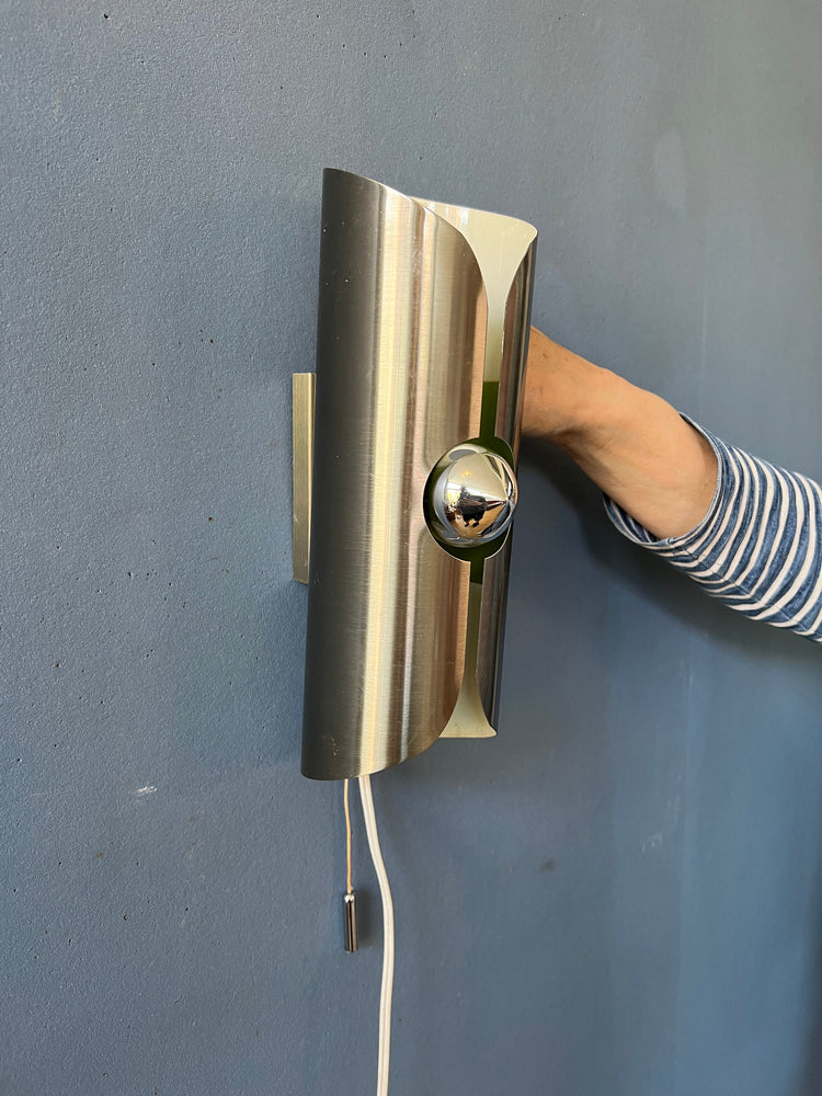 Vintage Polam Space Age Wall Lamp | Mid Century Raak Style Light | Green 70s Retro Lighting | Brushed Stainless Steel
