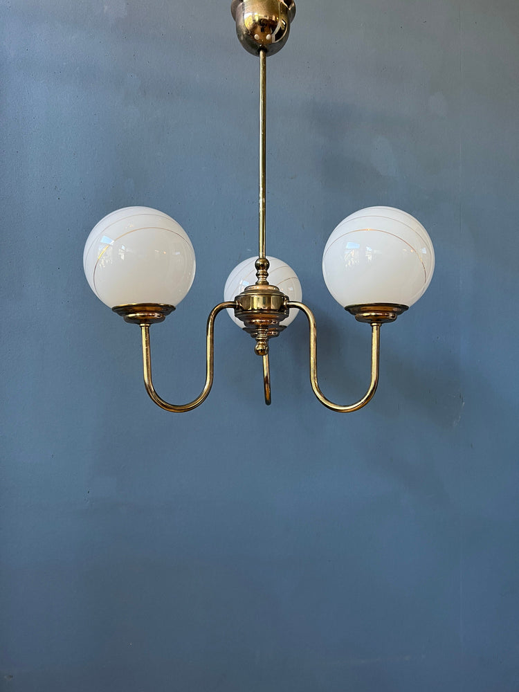 Vintage 50s Brass Chandelier with Opaline Glass Shades / Mid Century Pendant Lamp / Light Fixture