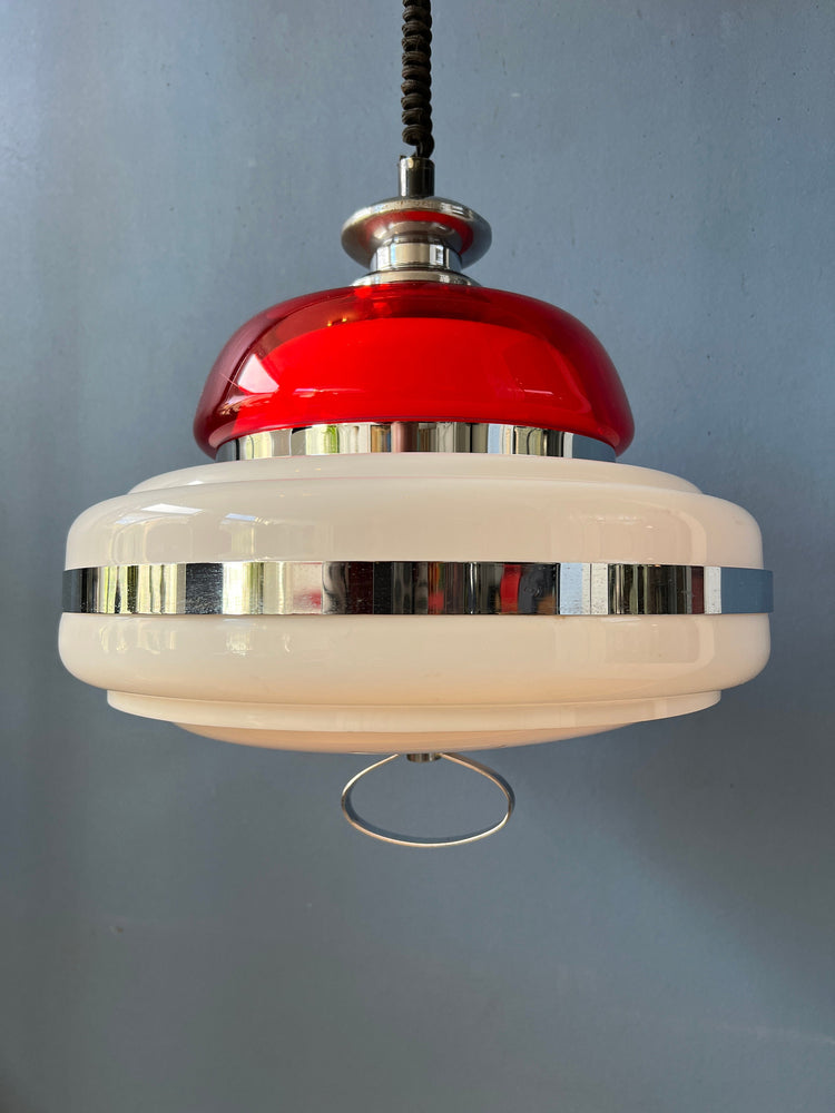 Mid Century Massive Space Age Pendant Lamp / White and Red Vintage Light Fixture