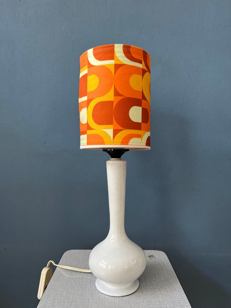 Vintage Space Age Desk Lamp with Textile Shade and Porcelain Base / Mid Century Table Lamp