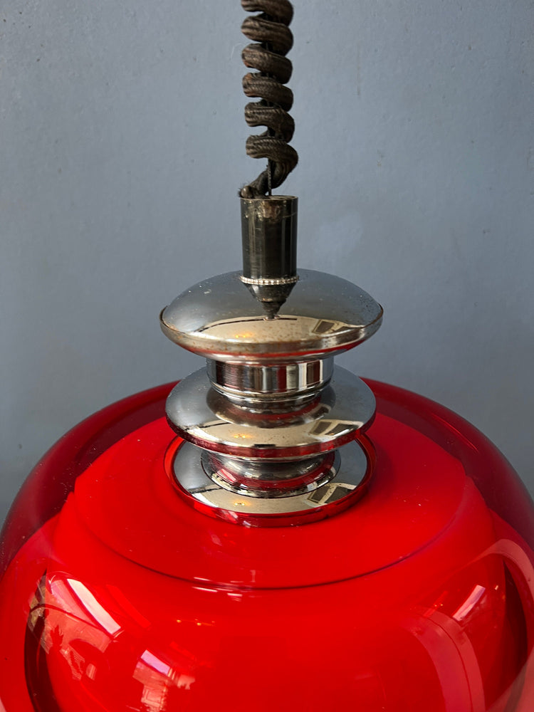 Mid Century Massive Space Age Pendant Lamp / White and Red Vintage Light Fixture