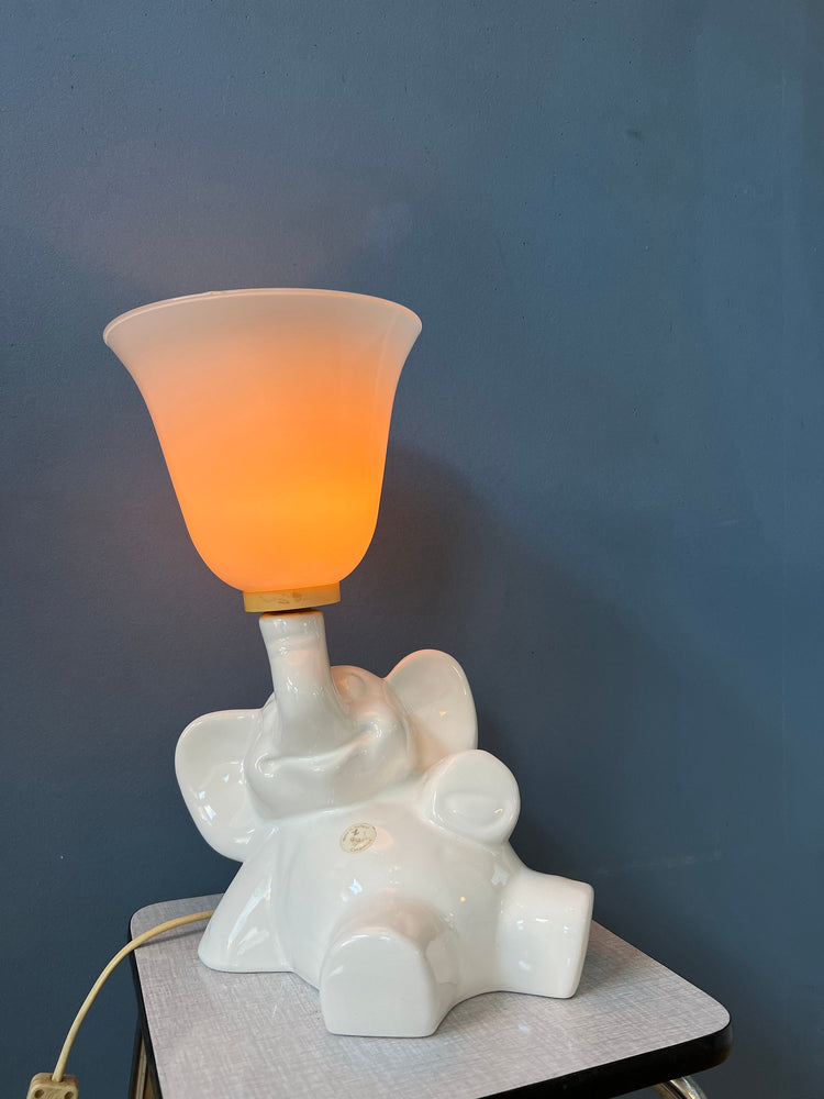 Vintage Elephant Lamp / Porcelain Light / Animal Glass Table Lamp