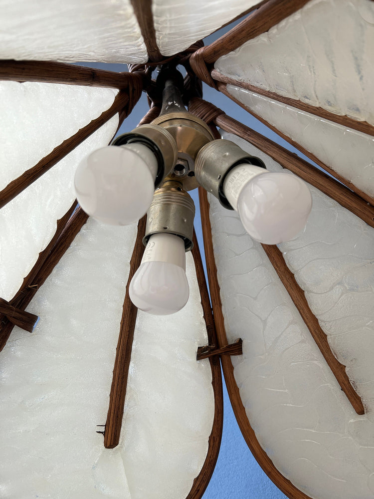 Vintage Bamboo Pendant Light / Ingo Maurer Uchiwa Style Fan Lamp / Mid Century Rotan Chandelier