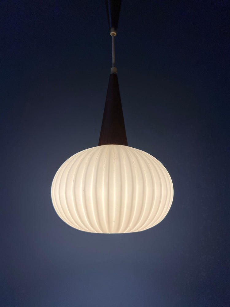 Vintage Milk Glass Pendant Light by Louis Kalff for Philips with Teak Wood Cap