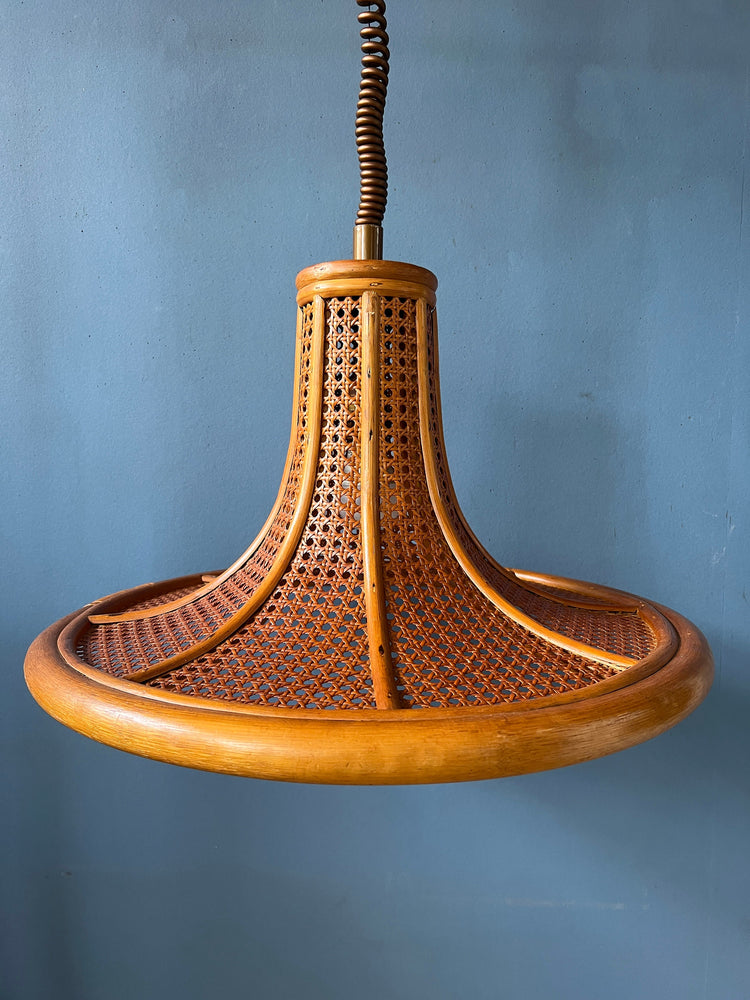 Mid Century Bamboo Pendant Light / Vintage Boho Rotan Light Fixture