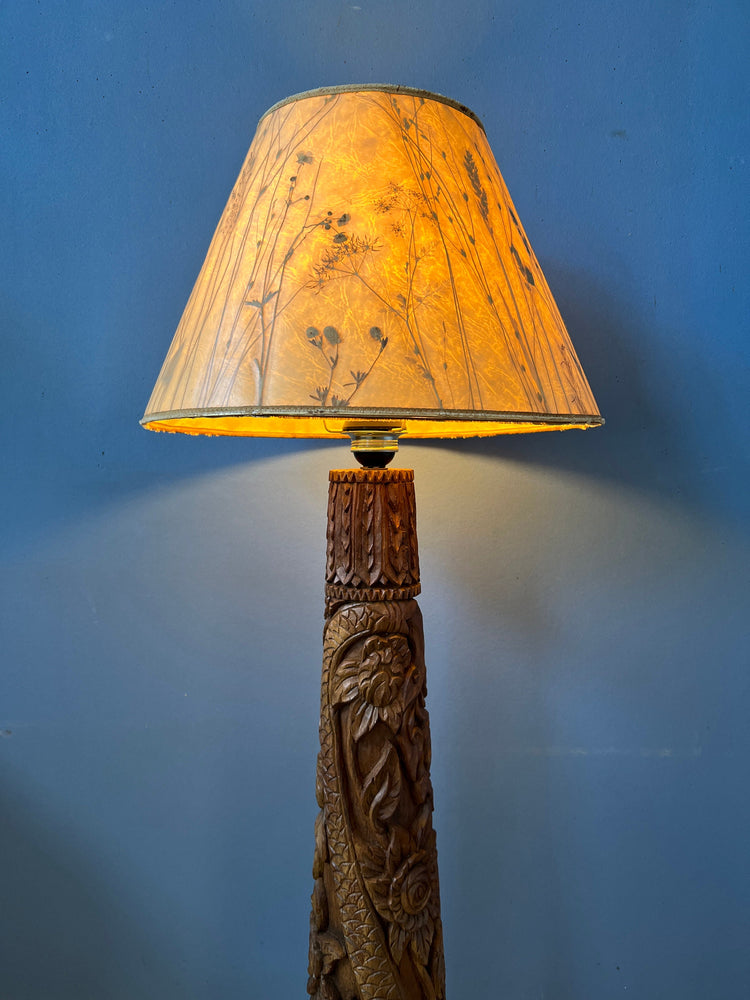Hand Carved Wooden Floor Lamp / Vintage Wooden Lamp / Indonesian Lamp