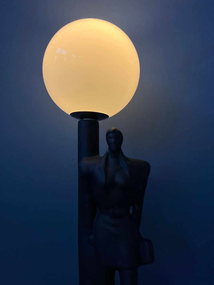 Vintage Art Deco Men Figure Porcelain Table Lamp with Glass Shade