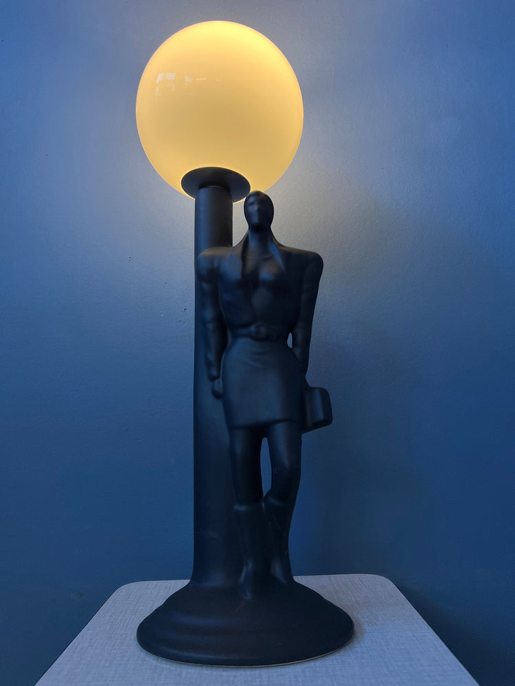 Vintage Art Deco Men Figure Porcelain Table Lamp with Glass Shade