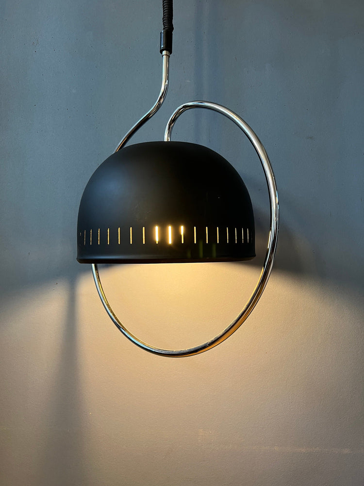 Dijkstra Space Age Hanging Lamp with Chrome Frame and Black Metal Shade
